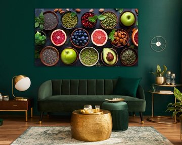 Healthy food clean eating selection: fruit, vegetable, seeds, superfood, cereals, leaf vegetable on gray  copy space von de-nue-pic