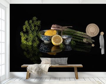 Still life, Blue and White China with asparagus, lemon and dill by Oda Slofstra