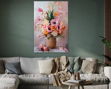 Moderne versie schilderij BOEKET Gouden Eeuw - zacht roze en oranje 3 van Marianne Ottemann - OTTI