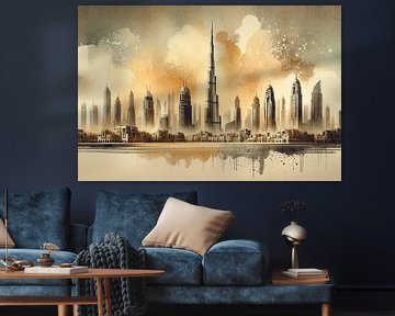 Skyline van Dubai: Artistieke impressie bij schemering van artefacti