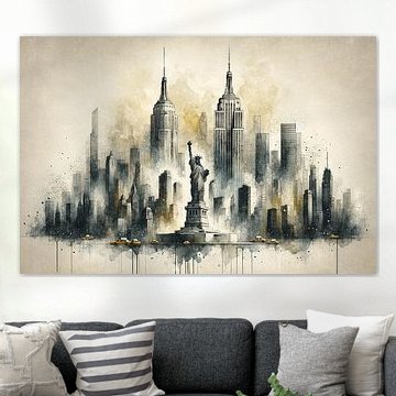 Aquarelle de New York : la ligne d'horizon dans les tons sépia