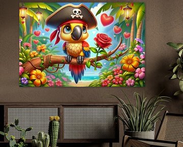 Kleurrijke papegaai als piraat in een tropisch paradijs van artefacti