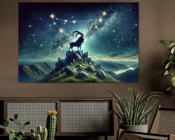 The zodiac sign Capricorn towers over the nocturnal mountain world by artefacti