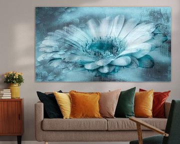 Gerbera turquoise, met tekst van Rietje Bulthuis