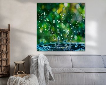 Splashing water drops against summer green background by Vlindertuin Art