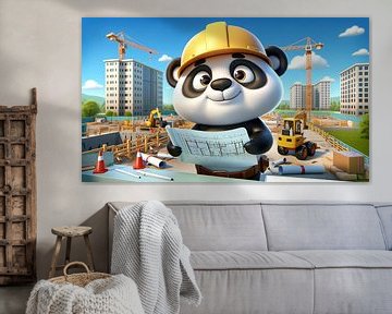 Kleine panda als bouwplaatsmanager op een grote bouwplaats van artefacti