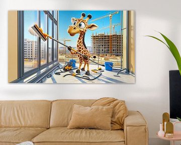 Fleißige Giraffe putzt Fenster auf der Baustelle von artefacti