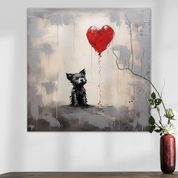 Petit chien avec ballon en forme de coeur