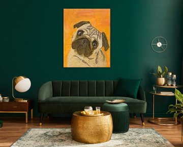 Hondenschilderij mopshond met grote ogen portret van Nelleke Bruno
