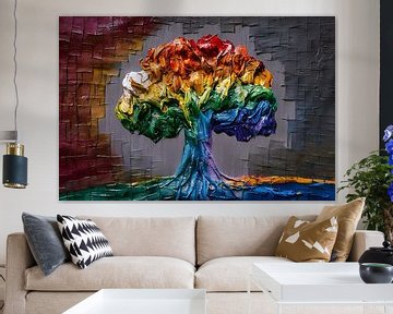 Impression vibrante d'un arbre coloré sur De Muurdecoratie
