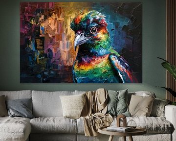 Explosion de couleurs dans un oiseau abstrait sur De Muurdecoratie