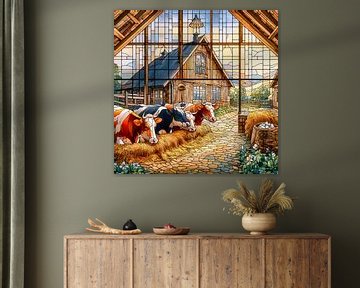 Vier koeien bij de stal in glas in lood stijl