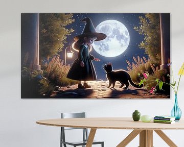 Jonge heks ontmoet kat bij maanlicht van artefacti