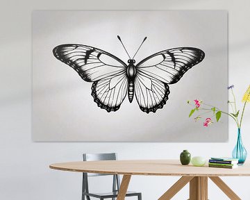 Illustration minimaliste de papillons en noir et blanc sur De Muurdecoratie