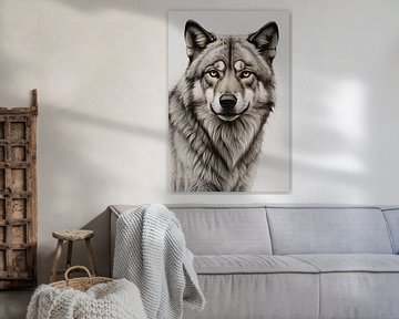 Le regard intense d'un loup gris sur De Muurdecoratie