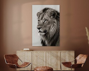 Lion majestueux en essence monochrome sur De Muurdecoratie