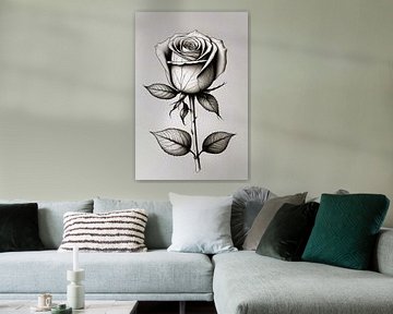 Dessin minimal d'une rose au trait noir sur De Muurdecoratie