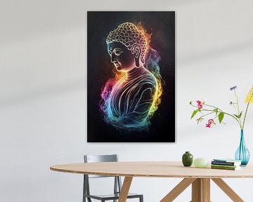 Gelassener Buddha in farbenfrohem Spektrallicht von De Muurdecoratie
