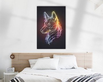 Dessin abstrait au trait d'un chien coloré sur De Muurdecoratie