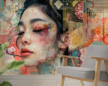 Portret van een mooie jonge vrouw, Collage, mixed-media van Joriali fotografie en schilderijen