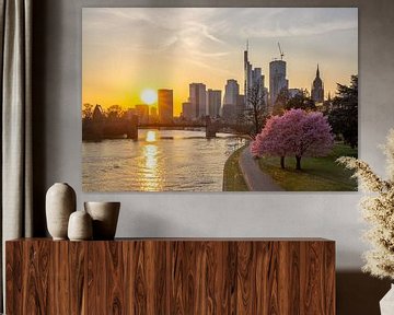 Almond blossom tree on the Main in Frankfurt in front of the skyline by Fotos by Jan Wehnert