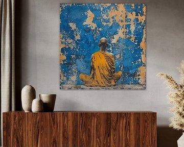 Sitzender Buddhist mit blauem Vintage-Hintergrund von Lauri Creates