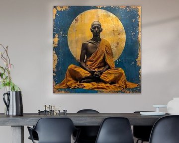 Buddhist in Schneiderei mit goldenem Kreis und blauem Vintage-Hintergrund von Lauri Creates