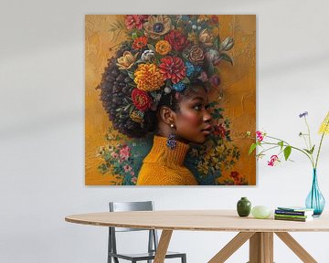 Portret van Afrikaanse vrouw, met bloemen op haar hoofd. van Jellie van Althuis