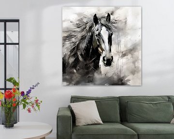 Abstracte artistieke achtergrond met een paard, in olieverf zwart-wit ontwerp van Animaflora PicsStock