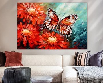 Fond artistique abstrait avec papillon paon rouge vif sur fleurs de chrysanthèmes, en design peinture à l'huile sur Animaflora PicsStock