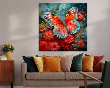 Abstracte artistieke achtergrond met helderrode pauw vlinder op chrysant bloemen, in olieverf ontwerp van Animaflora PicsStock