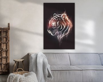 Tigre ardent dans une illustration au trait sur De Muurdecoratie