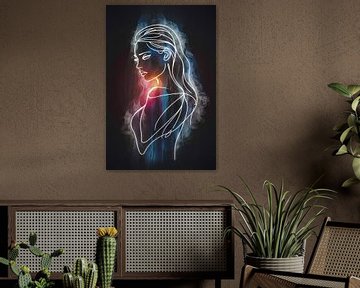 Portrait cosmique d'une femme en dessin au trait sur De Muurdecoratie