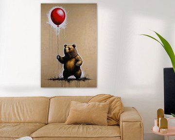 Un ours brun tient un ballon rouge brillant sur De Muurdecoratie