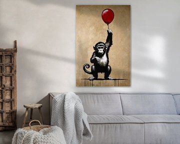 Chimpansee met rode ballon op beige achtergrond van De Muurdecoratie