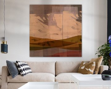 Modern abstract landschap. Mosterd, taupe, warm geel.