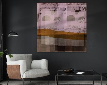 Modern abstract landscape. Neon pink, warm ocher, taupe. by Dina Dankers