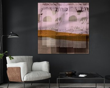 Modern abstract landschap. Neonroze, warm oker, taupe. van Dina Dankers