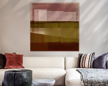 Modern abstract landschap. Warm bruin, mosterd, taupe,. van Dina Dankers