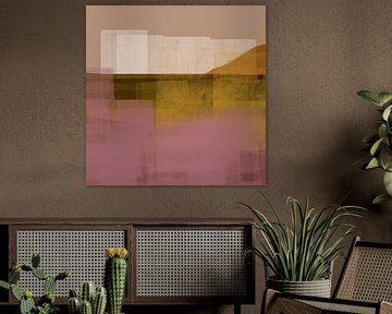 Modern abstract landschap. Lichtpaars, mosterd, oker. van Dina Dankers