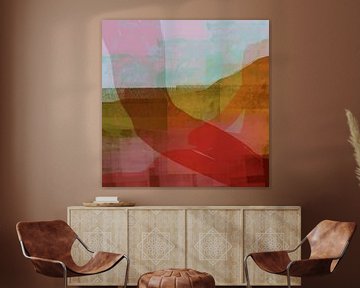 Modern abstract landschap. Warm rood, roze, turquoise, geel.