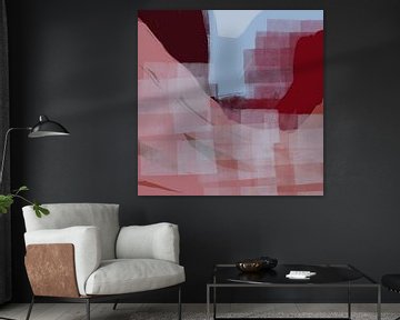 Modern abstract landschap. Warm rood, bruin, lichtblauw. van Dina Dankers