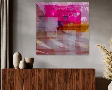 Moderne abstrakte Landschaft. Neon-Rosa, Ocker, Gelb, Lila. von Dina Dankers