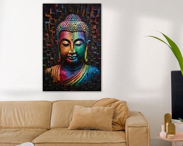 Boeddha in kleurrijk abstract expressionisme van De Muurdecoratie