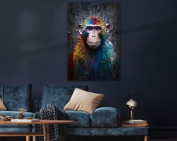 Ausdrucksstarker bunter Affe mit dynamischen Pinselstrichen von De Muurdecoratie