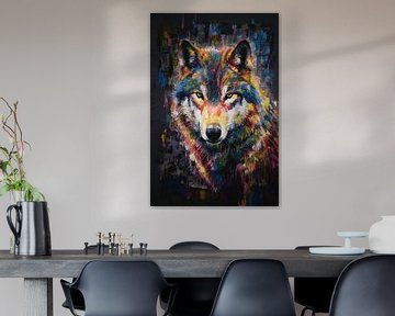 Loup abstrait dynamique et coloré sur De Muurdecoratie