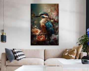 Kingfisher among colourful flowers by But First Framing