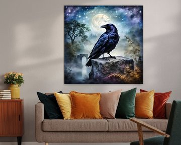 Corbeau dans la nuit avec pleine lune sur Betty Maria Digital Art