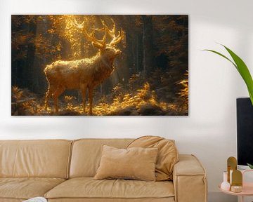 Lichtgevend hert in een zonovergoten bos van artefacti