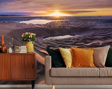 A spectacular sunset with lines in the sand on Wissant beach on the Côte d'Opale in France by Bas Meelker